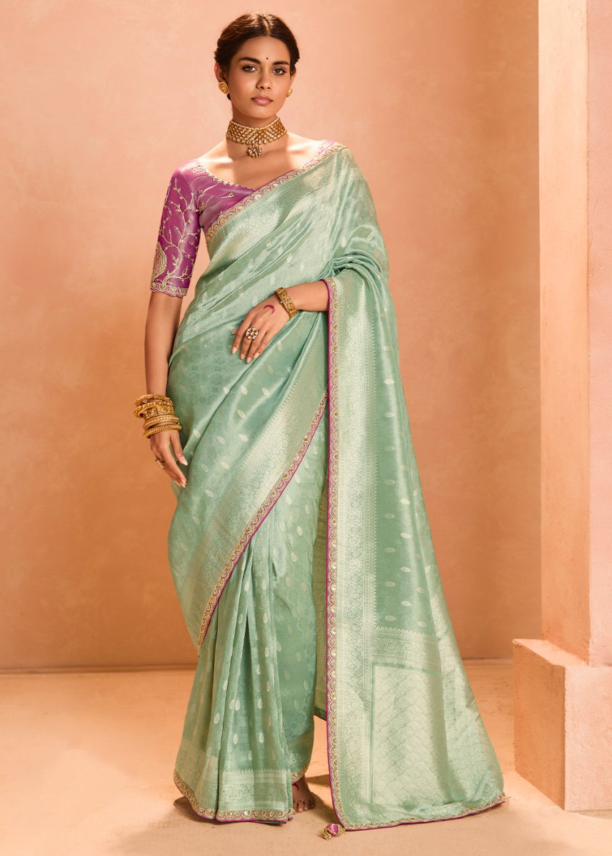 Light Green Designer Tissue Silk Saree with Zari & Embroidered Blouse - House of Sarvati LLC