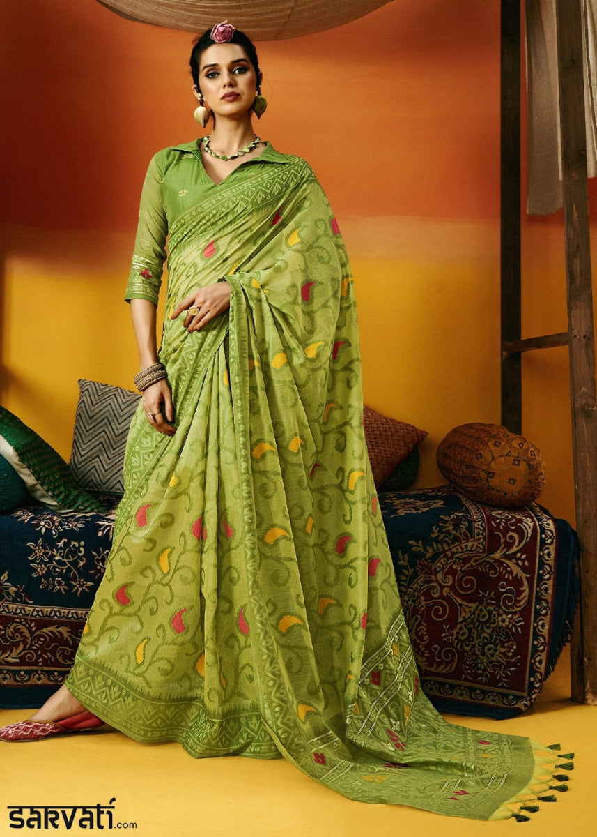 Light Green Handwoven Spun Cotton Saree with Floral Prints - House of Sarvati LLC