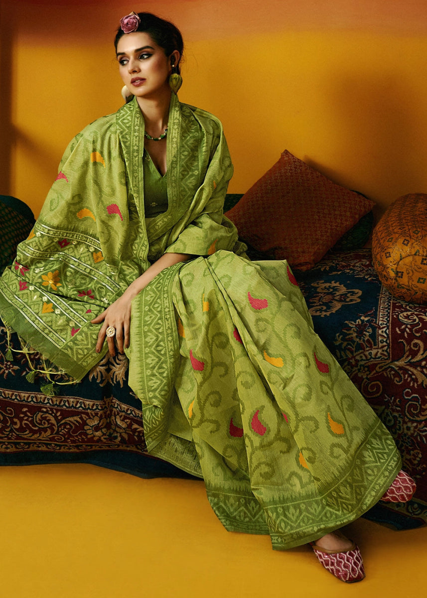 Light Green Handwoven Spun Cotton Saree with Floral Prints - House of Sarvati LLC