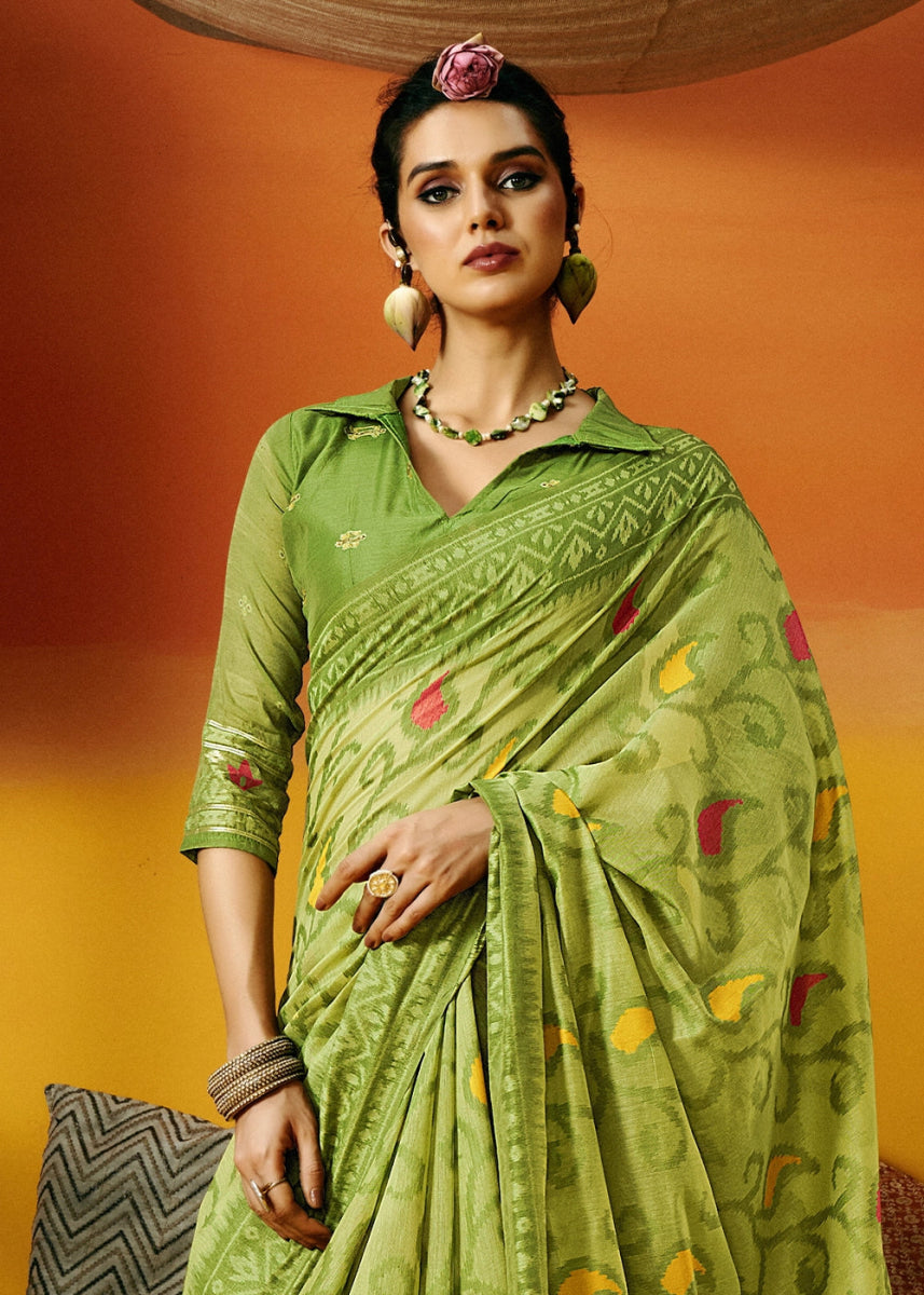 Light Green Handwoven Spun Cotton Saree with Floral Prints - House of Sarvati LLC