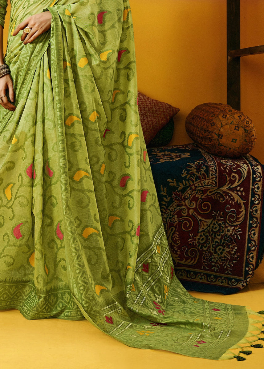 Light Green Handwoven Spun Cotton Saree with Floral Prints - House of Sarvati LLC