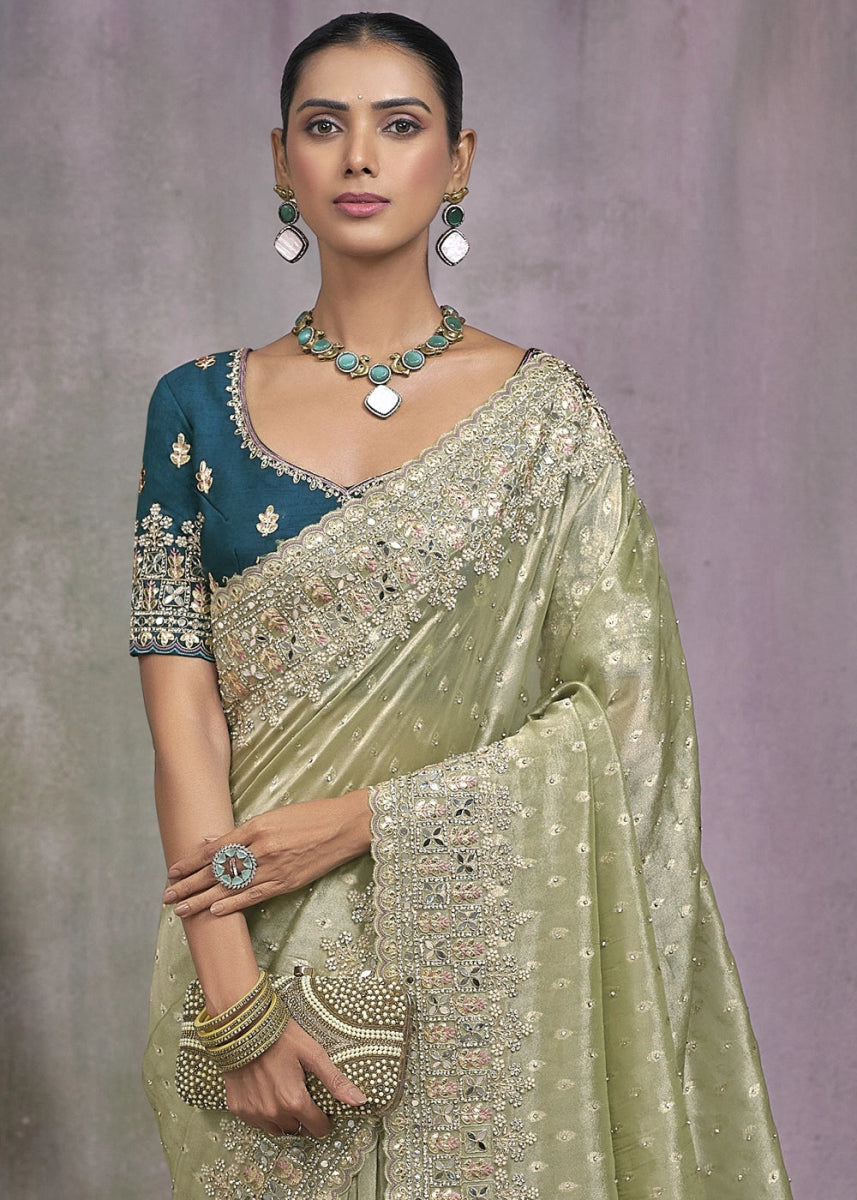 Light Green kanjivaram Silk Saree with Intricate Mirror, Moti and Jarkan Embellishments - House of Sarvati LLC