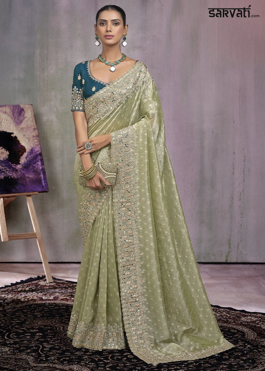 Light Green kanjivaram Silk Saree with Intricate Mirror, Moti and Jarkan Embellishments - House of Sarvati LLC