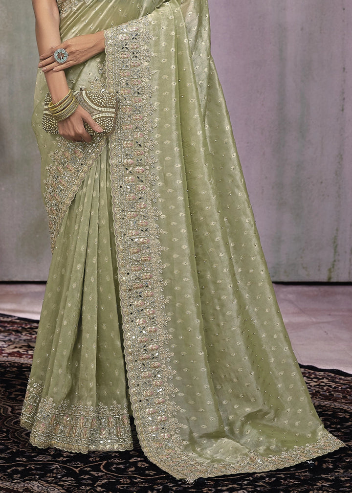 Light Green kanjivaram Silk Saree with Intricate Mirror, Moti and Jarkan Embellishments - House of Sarvati LLC