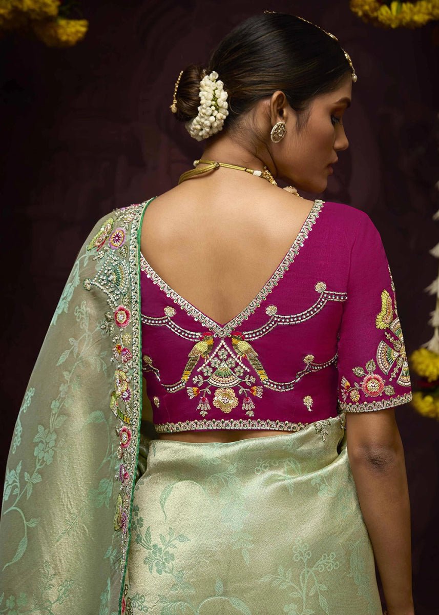 Light Green Kanjivaram Silk Saree with Intricate Zari, Khatli, Sequin & Pearl Embroidery - House of Sarvati LLC