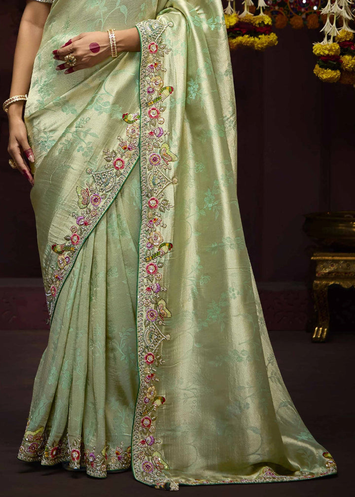 Light Green Kanjivaram Silk Saree with Intricate Zari, Khatli, Sequin & Pearl Embroidery - House of Sarvati LLC