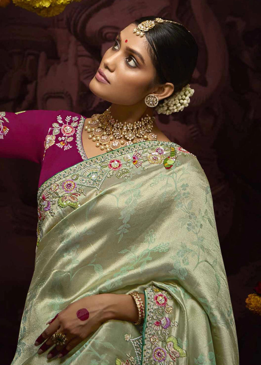 Light Green Kanjivaram Silk Saree with Intricate Zari, Khatli, Sequin & Pearl Embroidery - House of Sarvati LLC