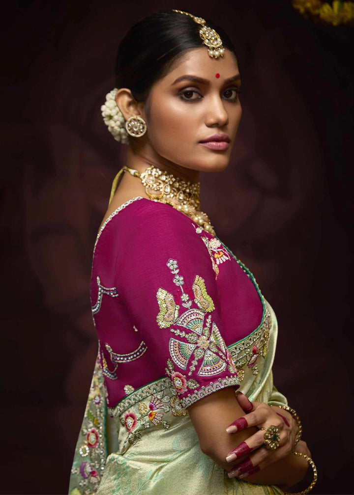 Light Green Kanjivaram Silk Saree with Intricate Zari, Khatli, Sequin & Pearl Embroidery - House of Sarvati LLC