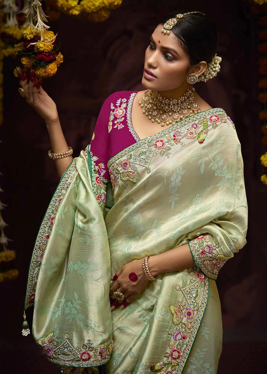 Light Green Kanjivaram Silk Saree with Intricate Zari, Khatli, Sequin & Pearl Embroidery - House of Sarvati LLC