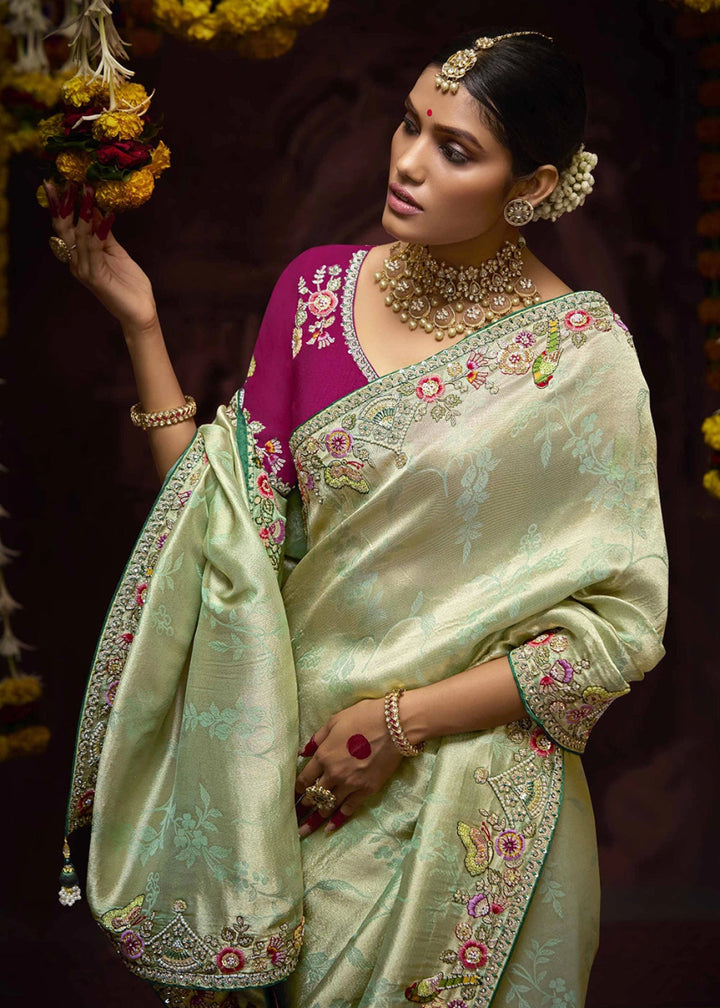 Light Green Kanjivaram Silk Saree with Intricate Zari, Khatli, Sequin & Pearl Embroidery - House of Sarvati LLC