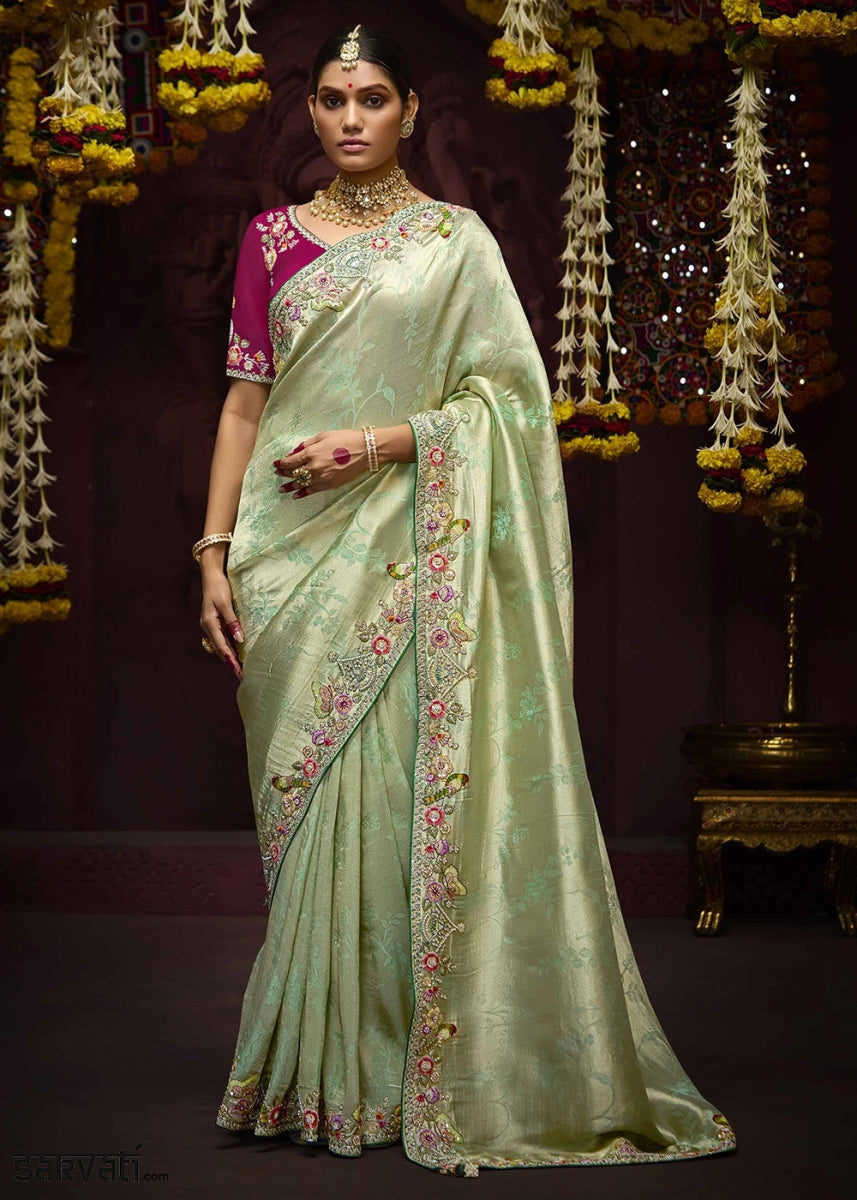 Light Green Kanjivaram Silk Saree with Intricate Zari, Khatli, Sequin & Pearl Embroidery - House of Sarvati LLC
