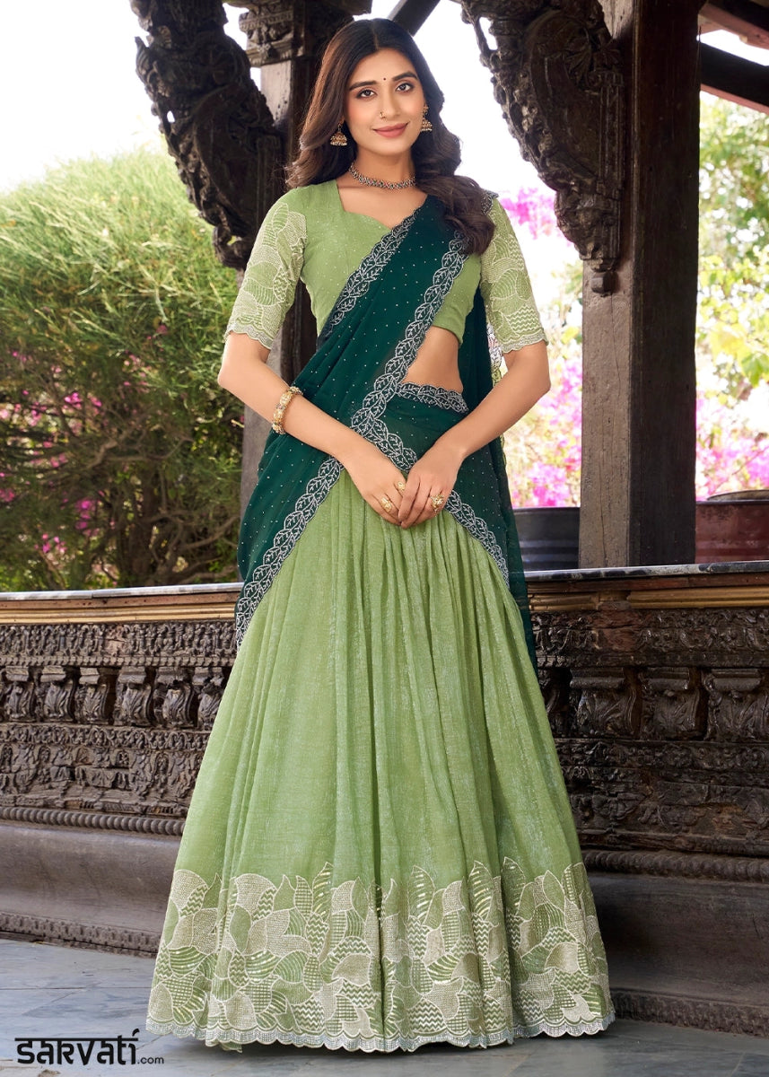 Light Green Lehenga Choli in Organza Silk with Handcrafted Sequins & Thread Detailing - House of Sarvati LLC
