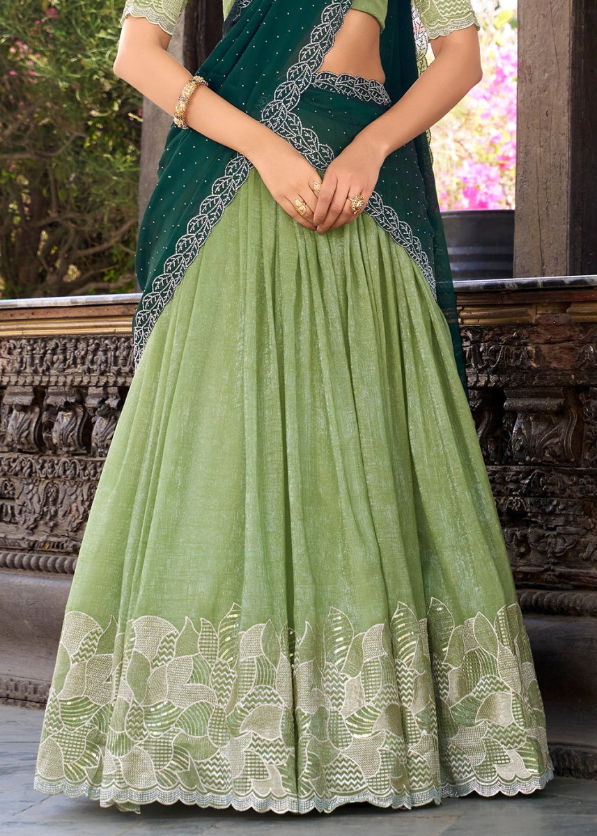 Light Green Lehenga Choli in Organza Silk with Handcrafted Sequins & Thread Detailing - House of Sarvati LLC