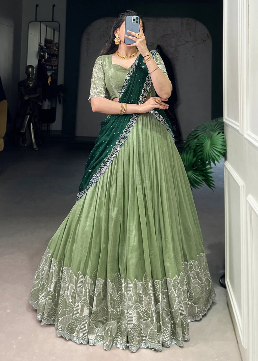 Light Green Lehenga Choli in Organza Silk with Handcrafted Sequins & Thread Detailing - House of Sarvati LLC