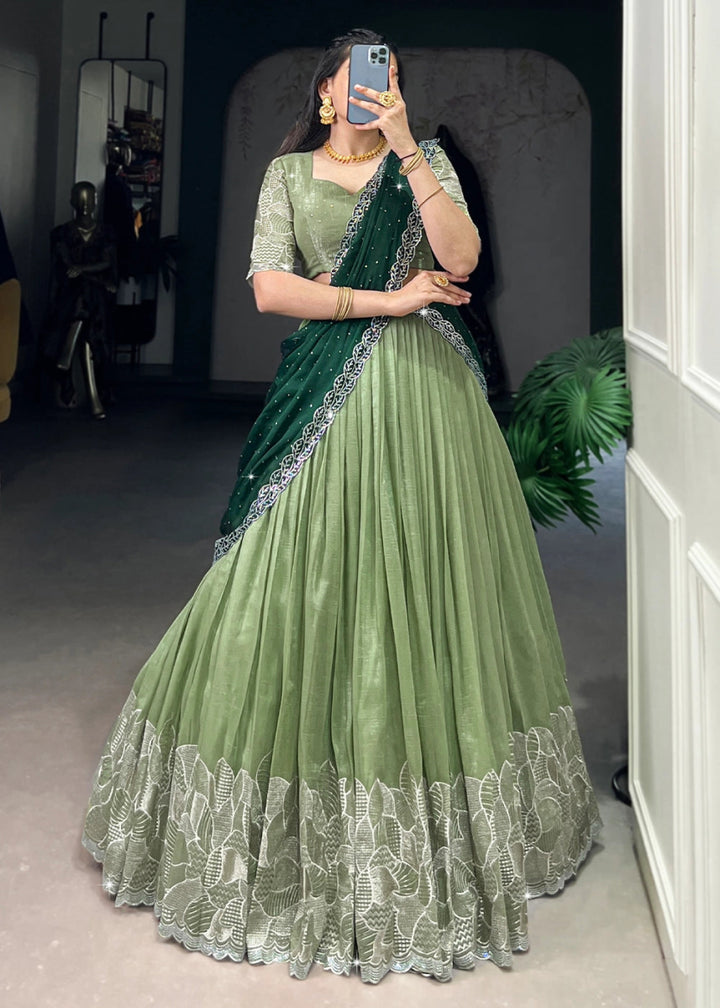 Light Green Lehenga Choli in Organza Silk with Handcrafted Sequins & Thread Detailing - House of Sarvati LLC
