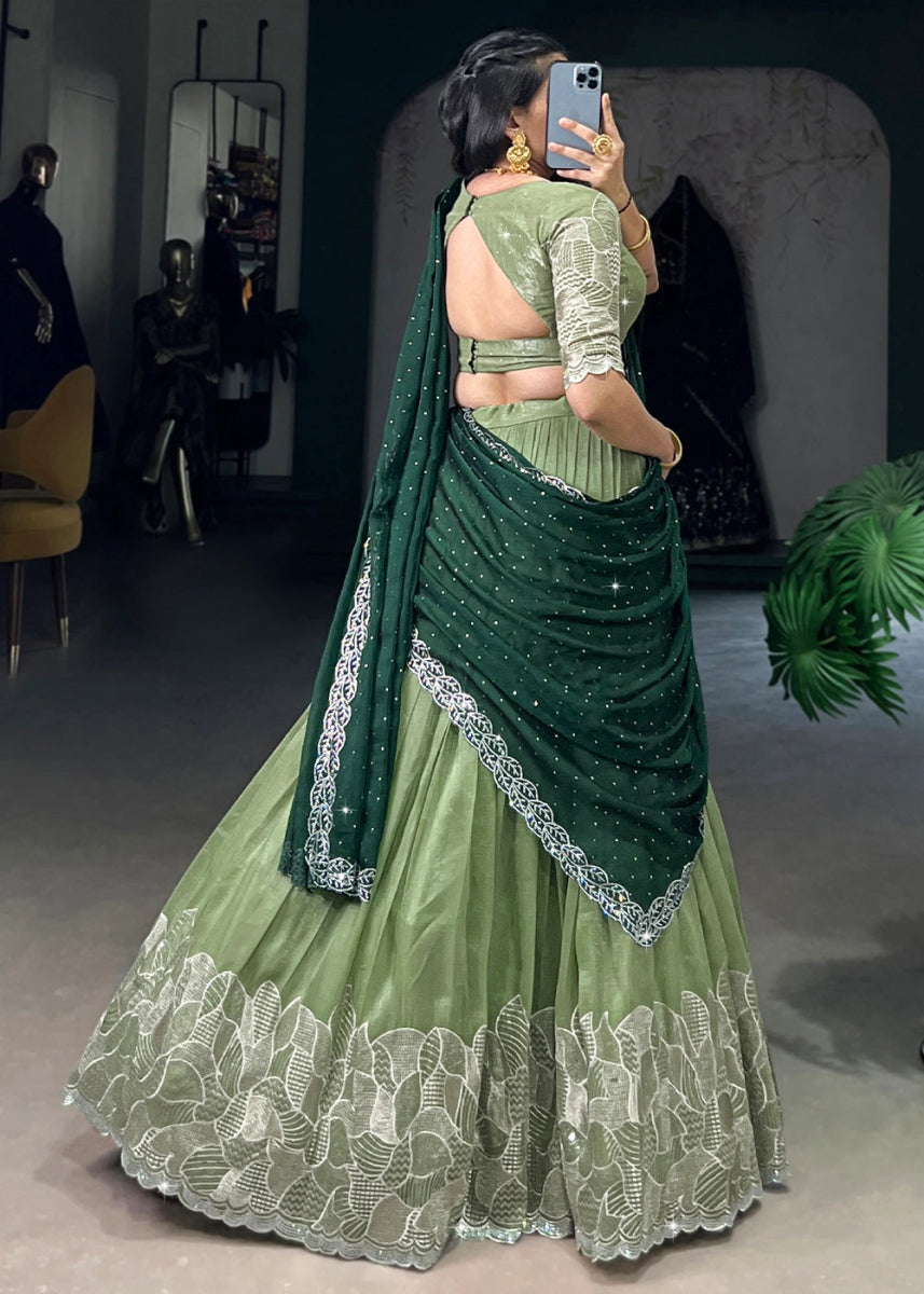 Light Green Lehenga Choli in Organza Silk with Handcrafted Sequins & Thread Detailing - House of Sarvati LLC