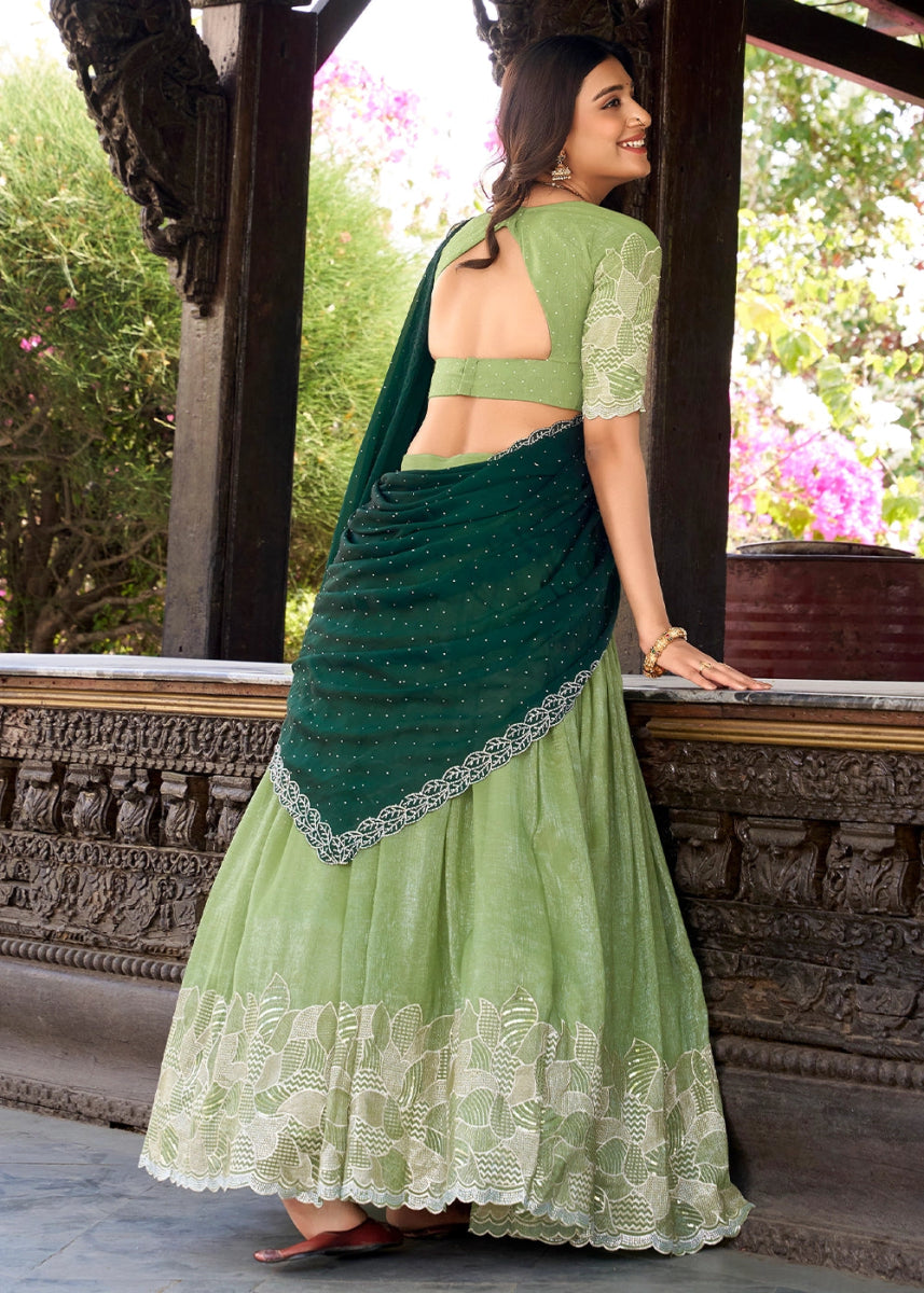 Light Green Lehenga Choli in Organza Silk with Handcrafted Sequins & Thread Detailing - House of Sarvati LLC