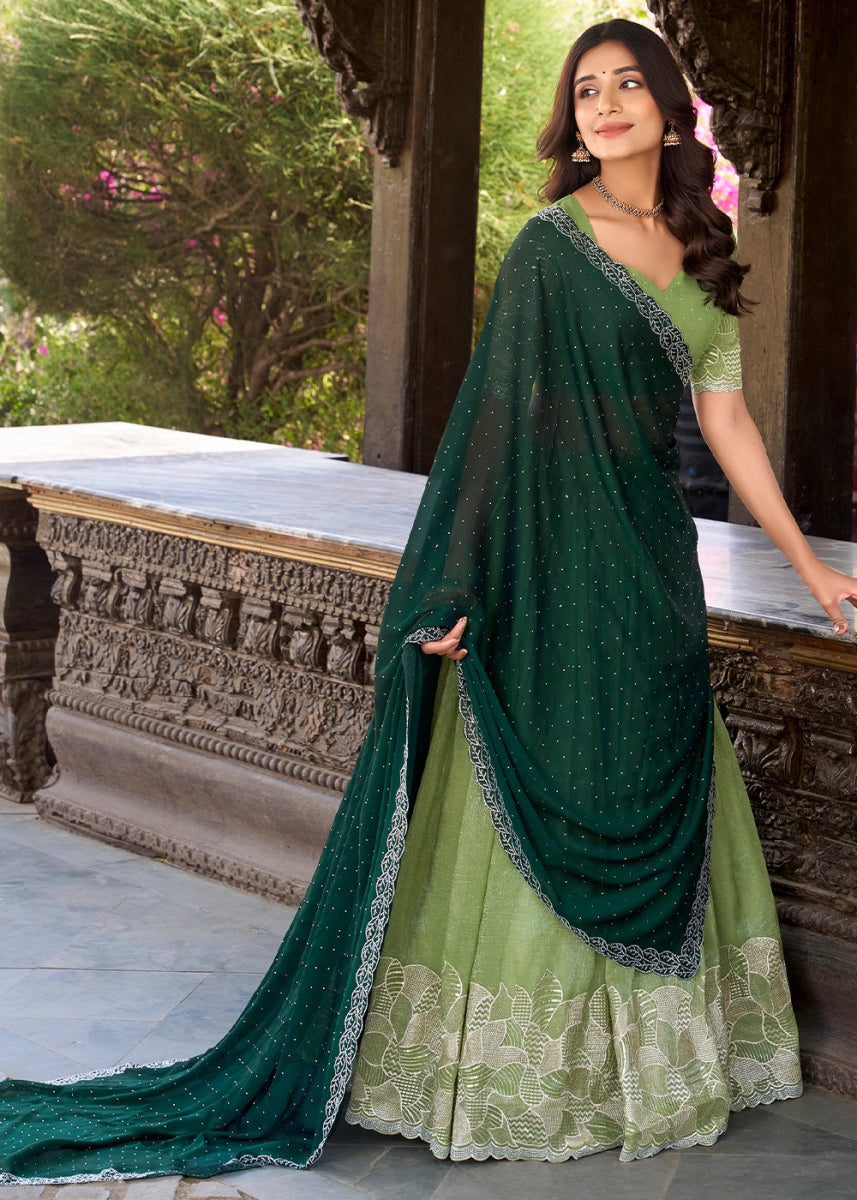 Light Green Lehenga Choli in Organza Silk with Handcrafted Sequins & Thread Detailing - House of Sarvati LLC