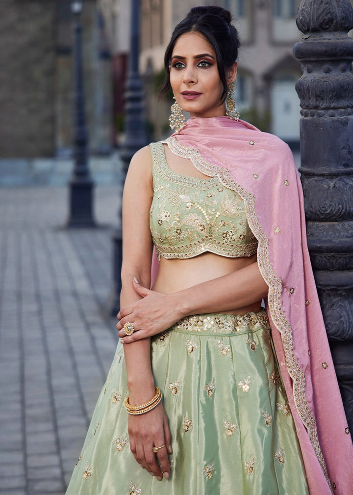 Light Green Satin Lehenga Choli with Floral Sequin Detailing - House of Sarvati LLC