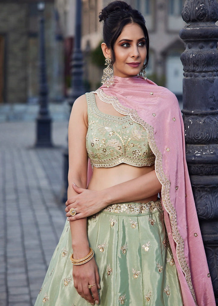 Light Green Satin Lehenga Choli with Floral Sequin Detailing - House of Sarvati LLC
