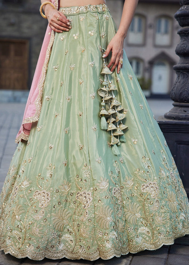 Light Green Satin Lehenga Choli with Floral Sequin Detailing - House of Sarvati LLC