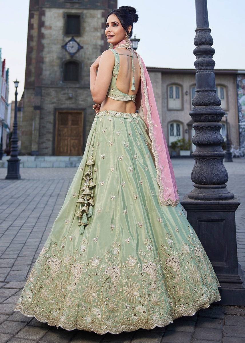 Light Green Satin Lehenga Choli with Floral Sequin Detailing - House of Sarvati LLC