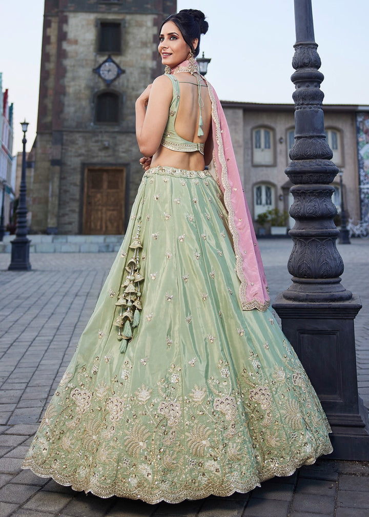 Light Green Satin Lehenga Choli with Floral Sequin Detailing - House of Sarvati LLC