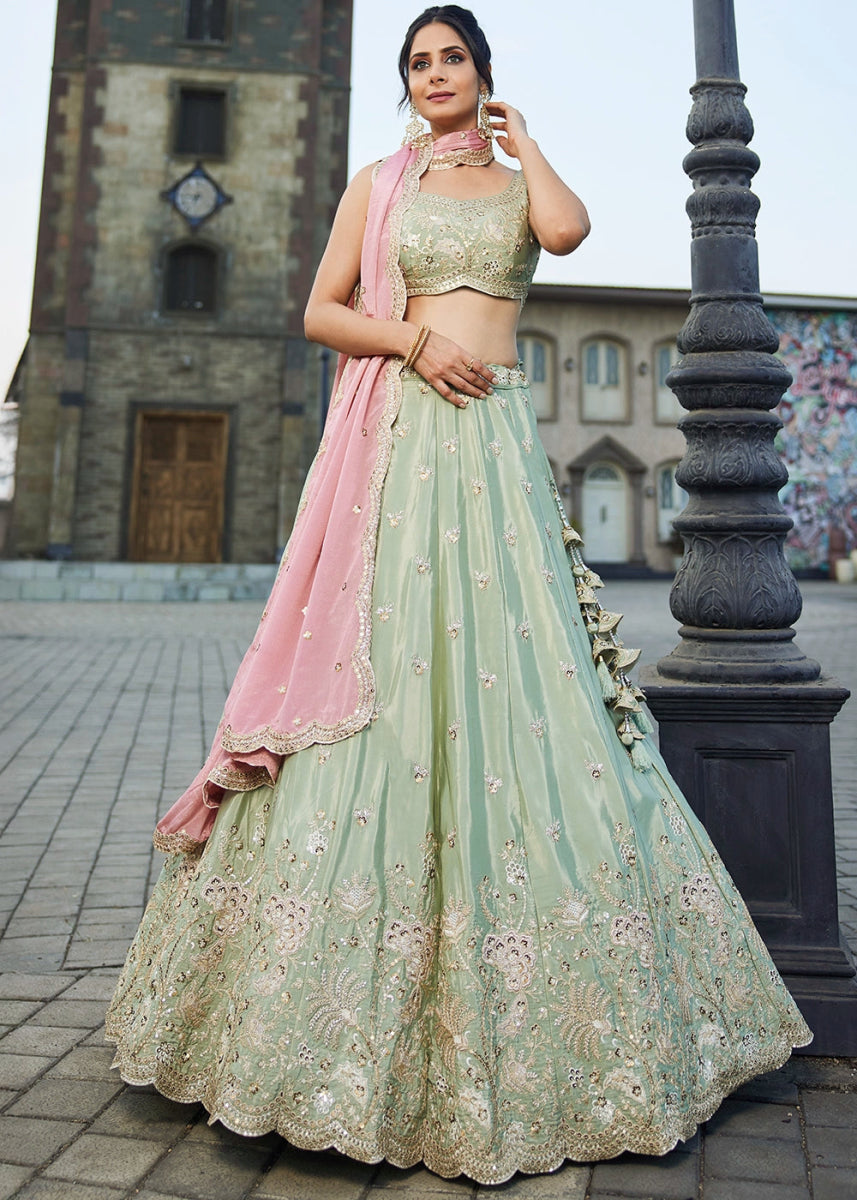 Light Green Satin Lehenga Choli with Floral Sequin Detailing - House of Sarvati LLC