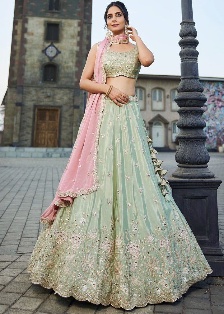 Light Green Satin Lehenga Choli with Floral Sequin Detailing - House of Sarvati LLC