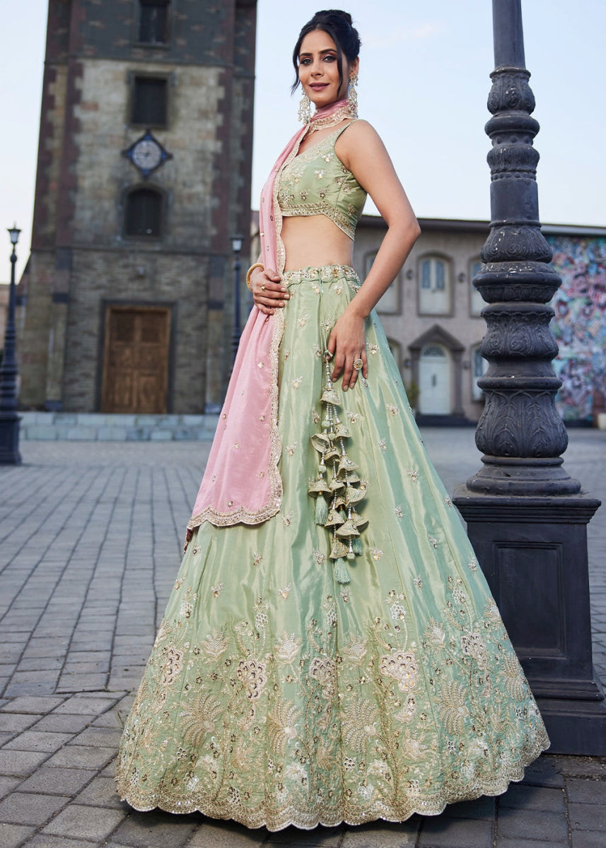 Light Green Satin Lehenga Choli with Floral Sequin Detailing - House of Sarvati LLC