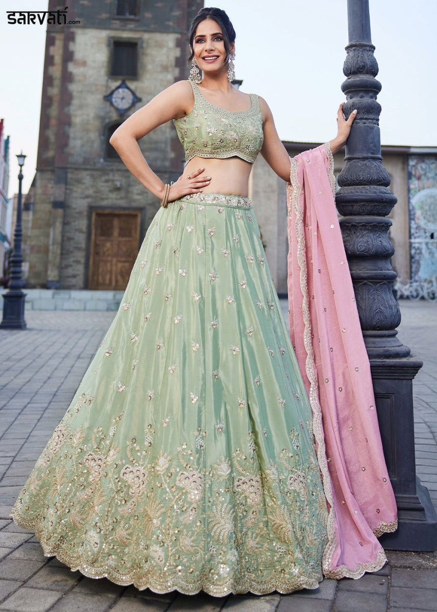 Light Green Satin Lehenga Choli with Floral Sequin Detailing - House of Sarvati LLC