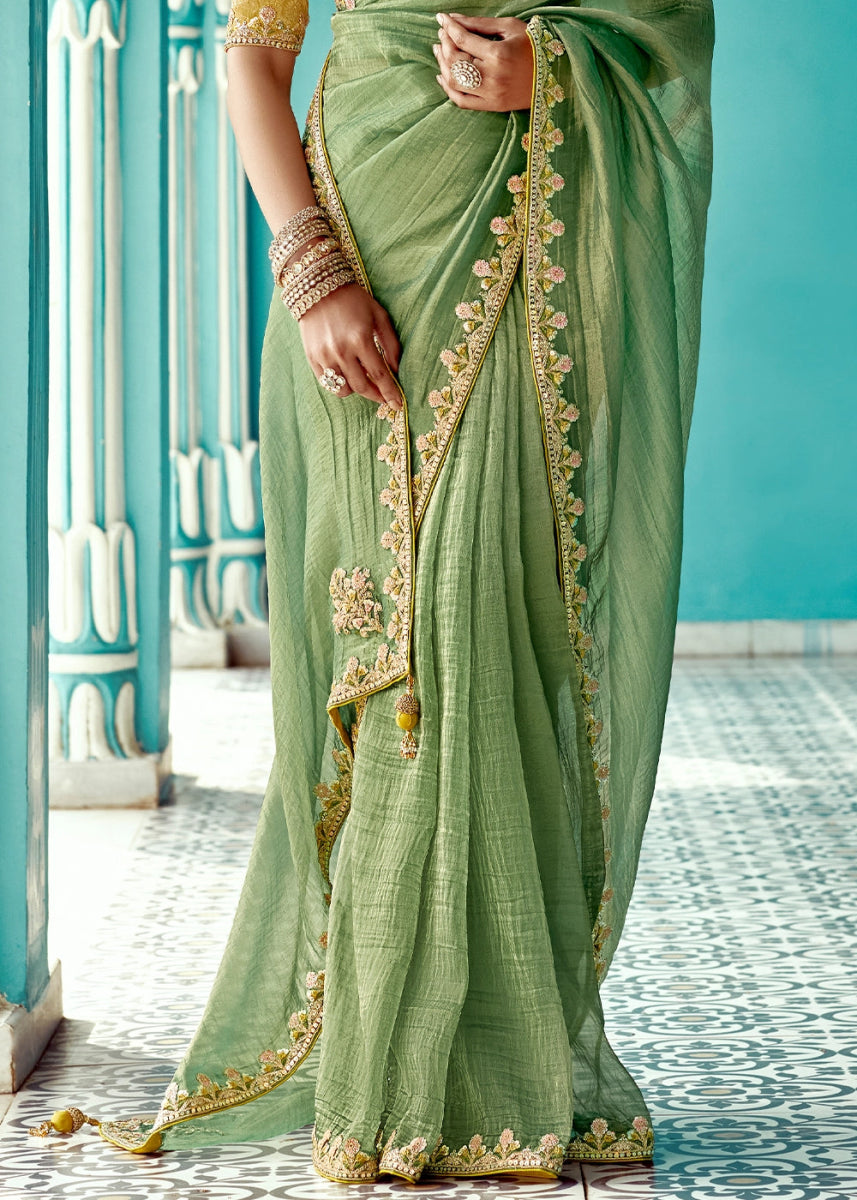 Light Green Tissue Silk Saree with Exquisite Embroidery - House of Sarvati LLC