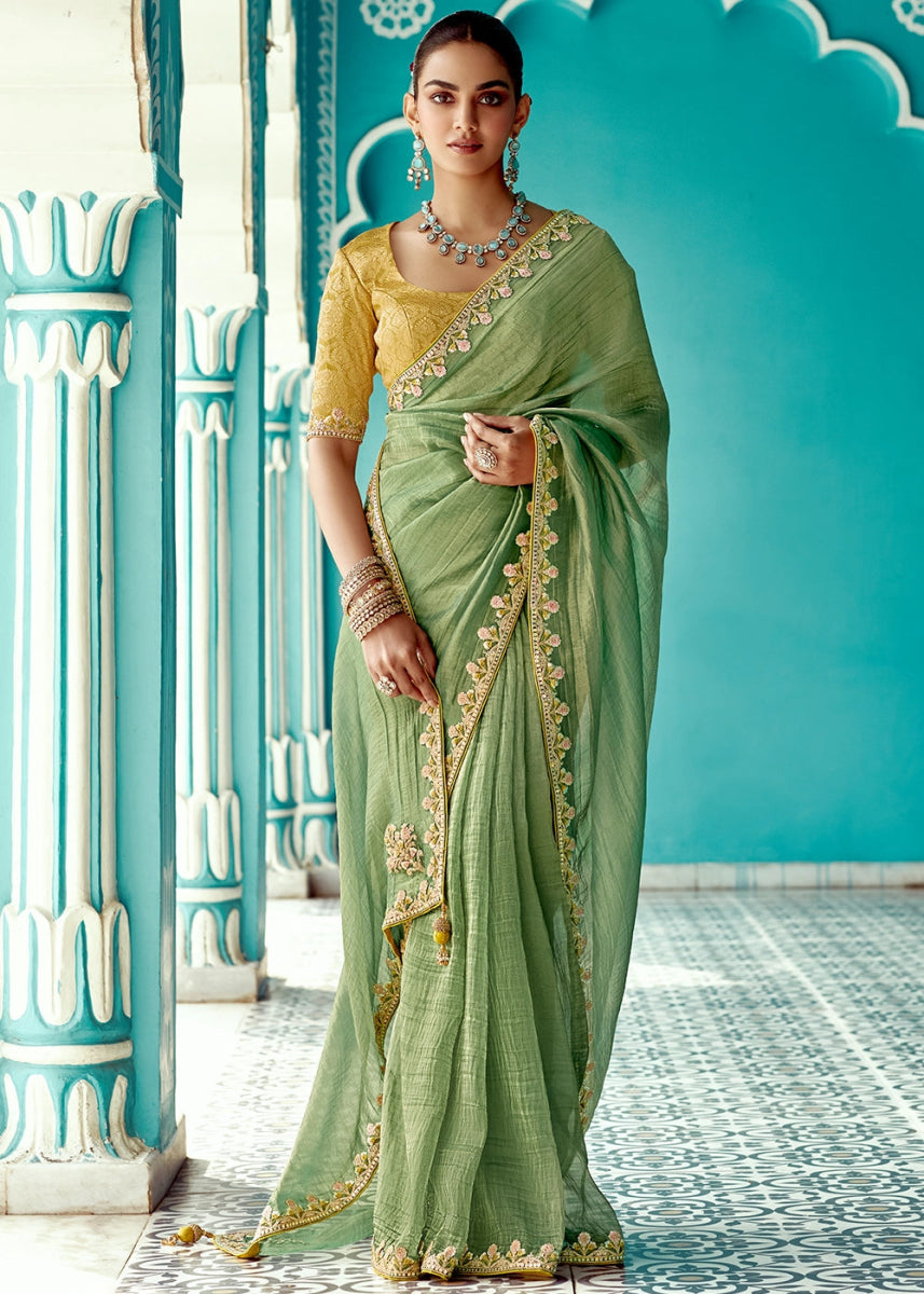 Light Green Tissue Silk Saree with Exquisite Embroidery - House of Sarvati LLC