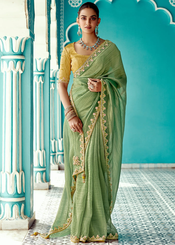 Light Green Tissue Silk Saree with Exquisite Embroidery - House of Sarvati LLC