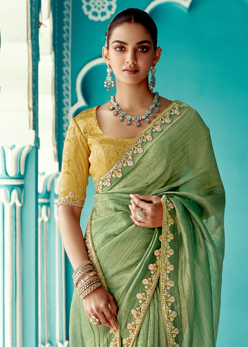 Light Green Tissue Silk Saree with Exquisite Embroidery - House of Sarvati LLC