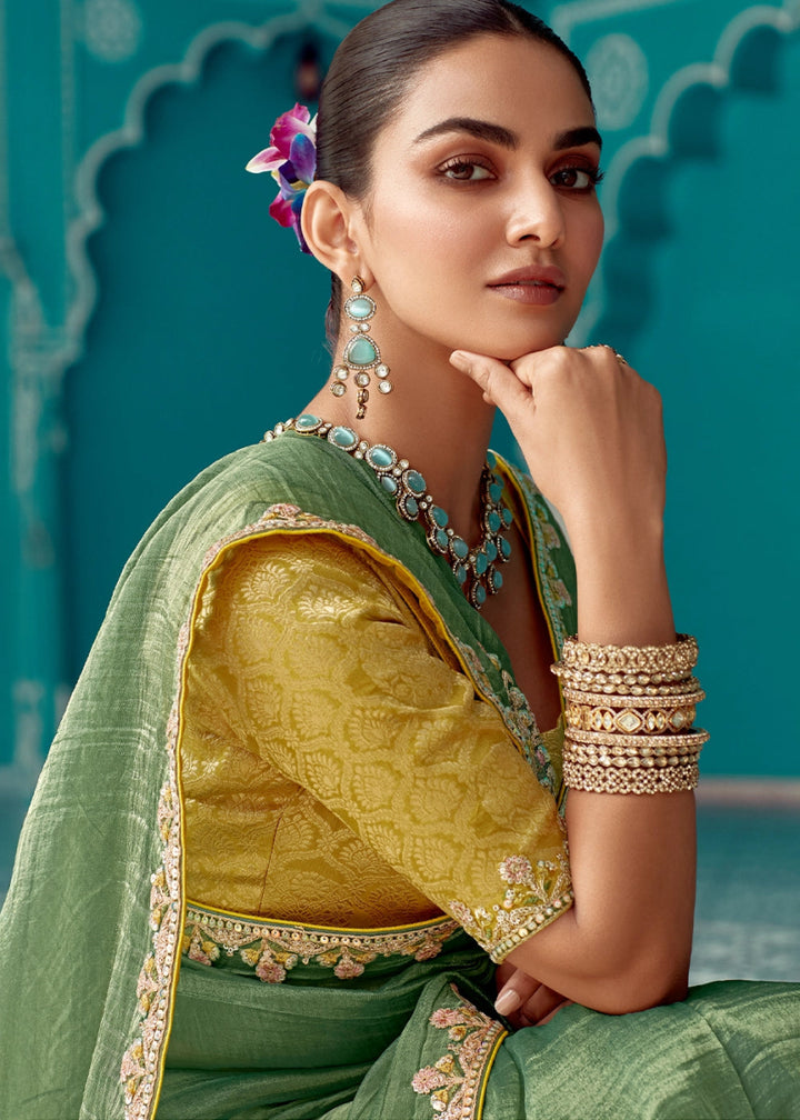 Light Green Tissue Silk Saree with Exquisite Embroidery - House of Sarvati LLC