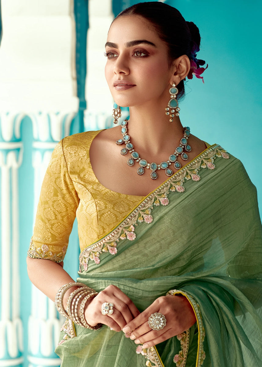 Light Green Tissue Silk Saree with Exquisite Embroidery - House of Sarvati LLC