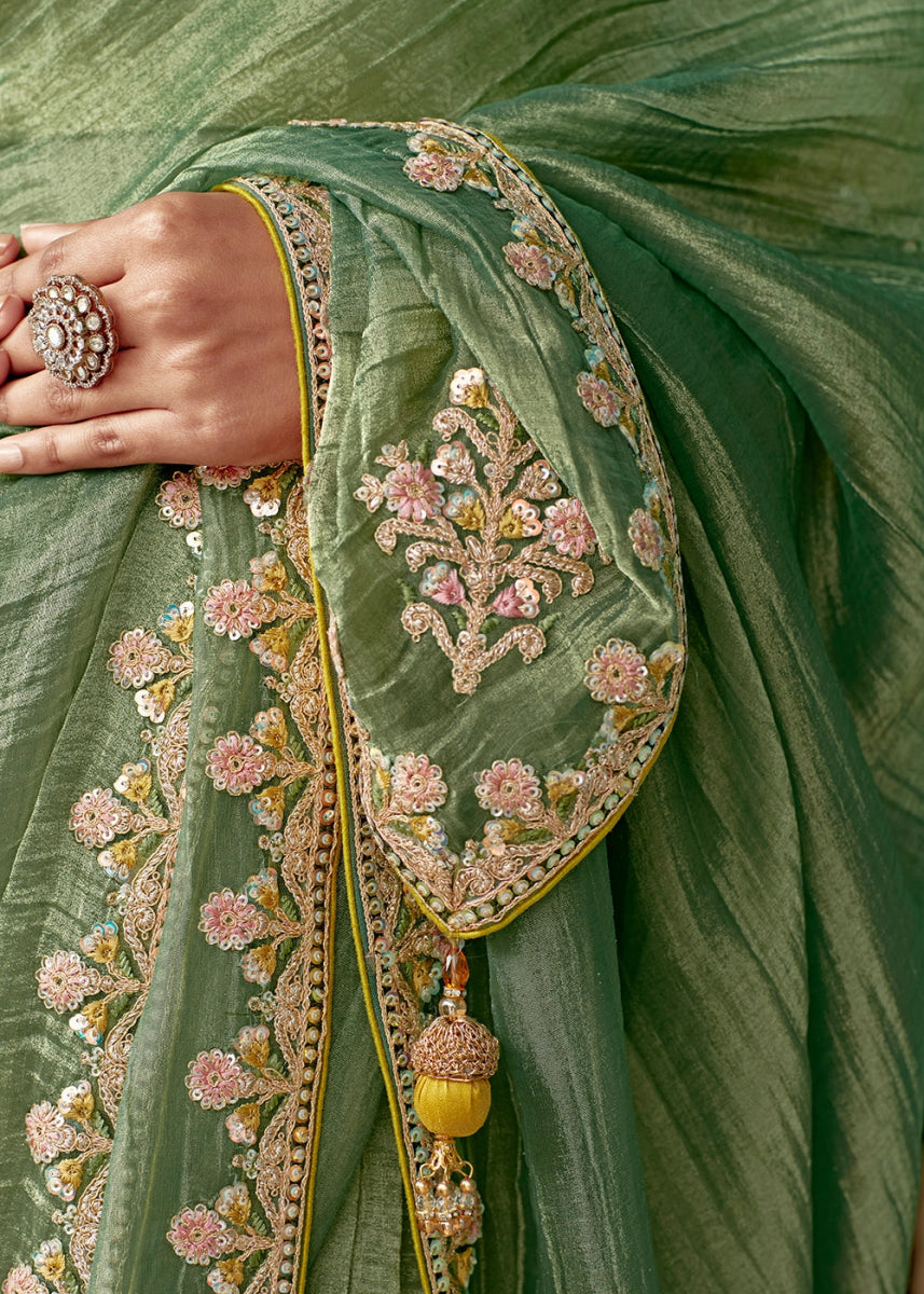 Light Green Tissue Silk Saree with Exquisite Embroidery - House of Sarvati LLC