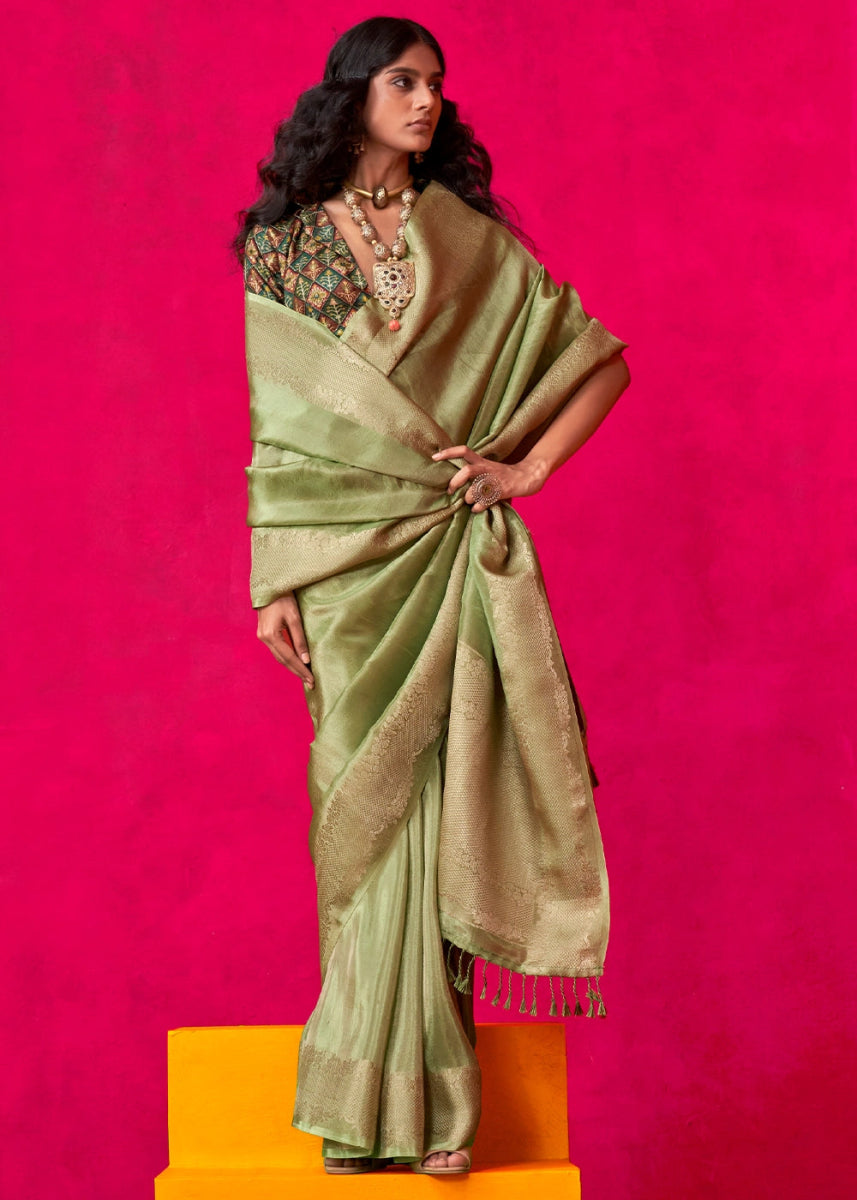 Light Green Tissue Silk Saree with Zari Weaving - House of Sarvati LLC