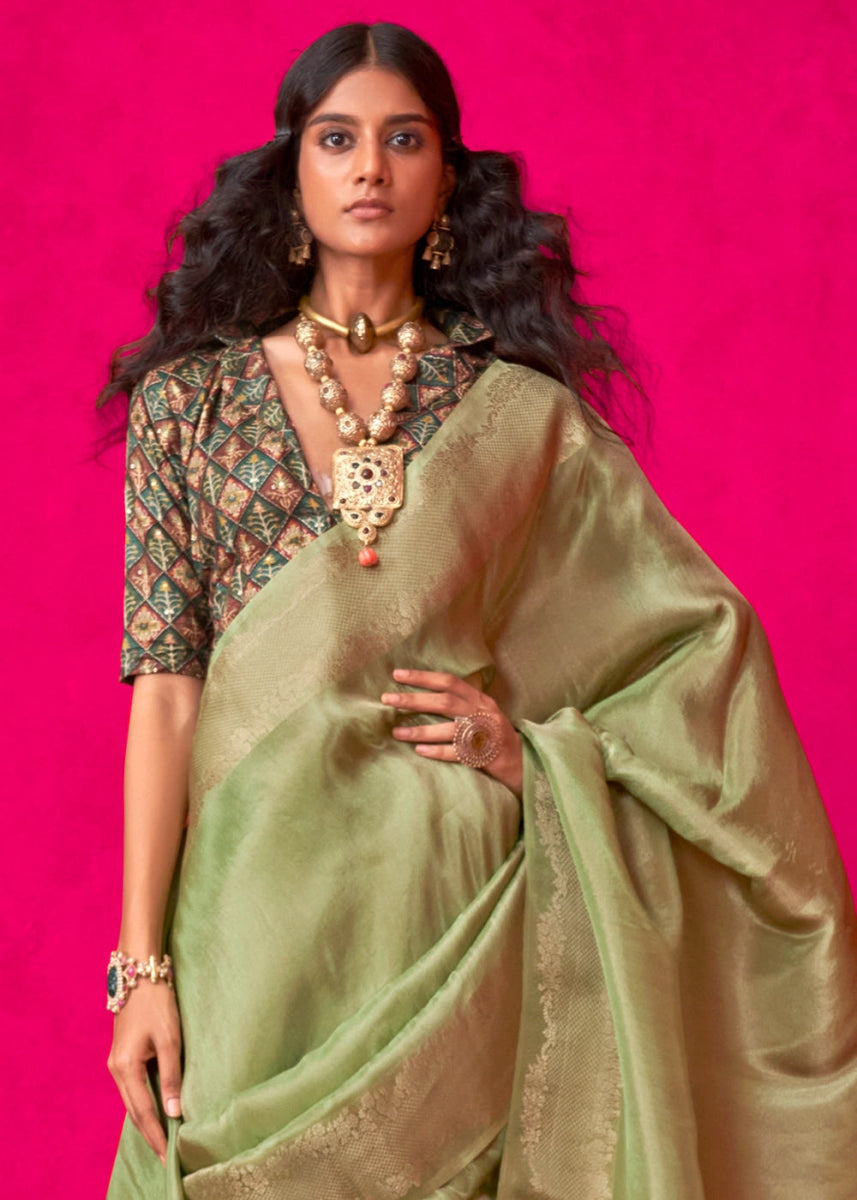 Light Green Tissue Silk Saree with Zari Weaving - House of Sarvati LLC