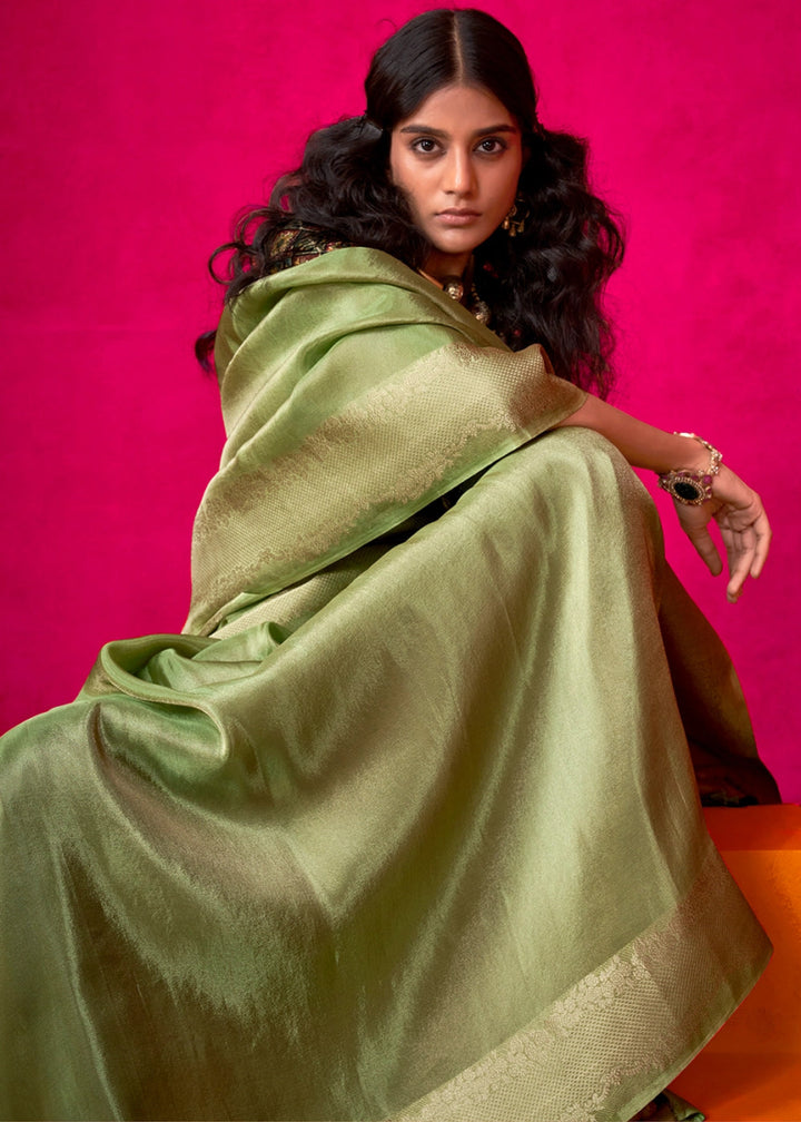 Light Green Tissue Silk Saree with Zari Weaving - House of Sarvati LLC