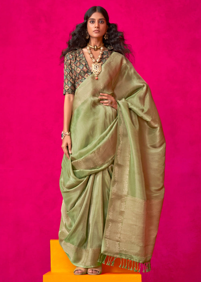 Light Green Tissue Silk Saree with Zari Weaving - House of Sarvati LLC