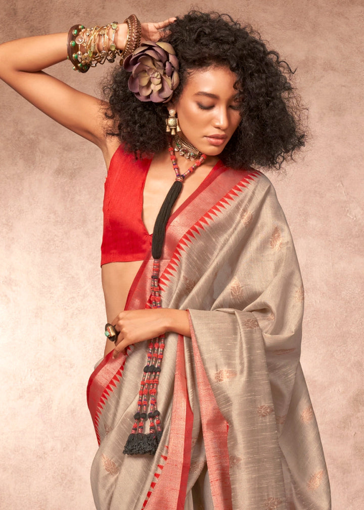 Light Grey Bhagalpuri Silk Saree with Handcrafted Gadwal Border - House of Sarvati LLC