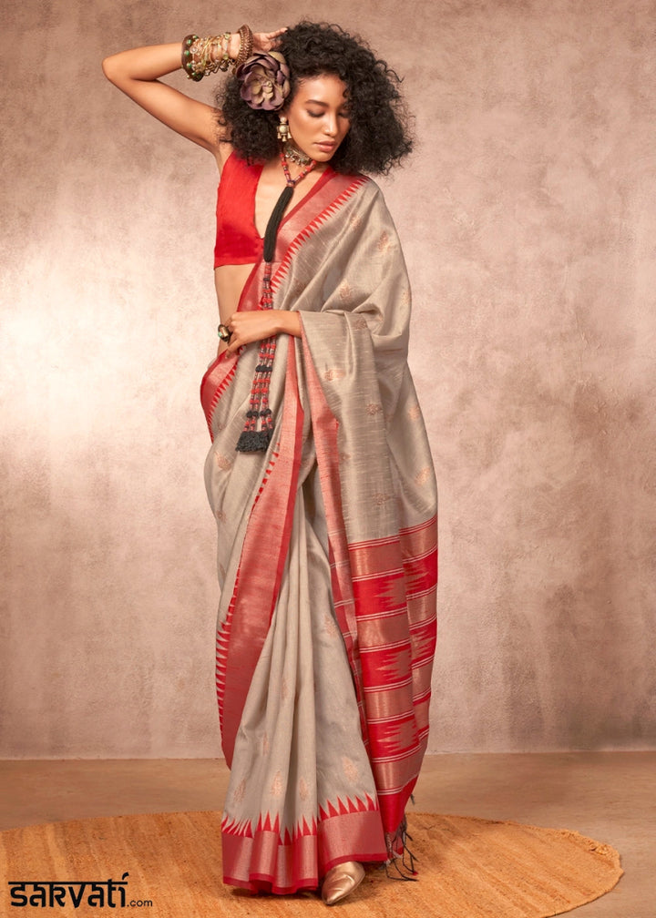 Light Grey Bhagalpuri Silk Saree with Handcrafted Gadwal Border - House of Sarvati LLC