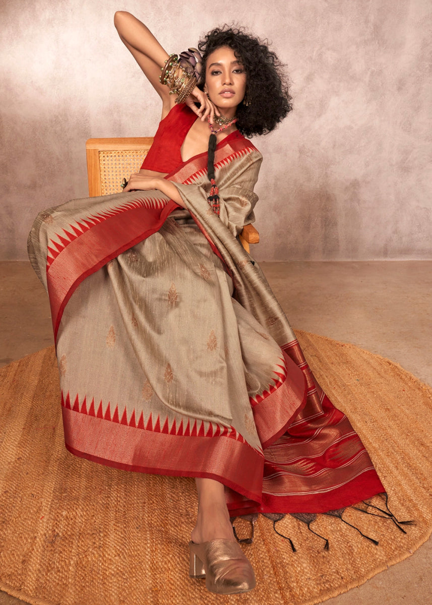 Light Grey Bhagalpuri Silk Saree with Handcrafted Gadwal Border - House of Sarvati LLC