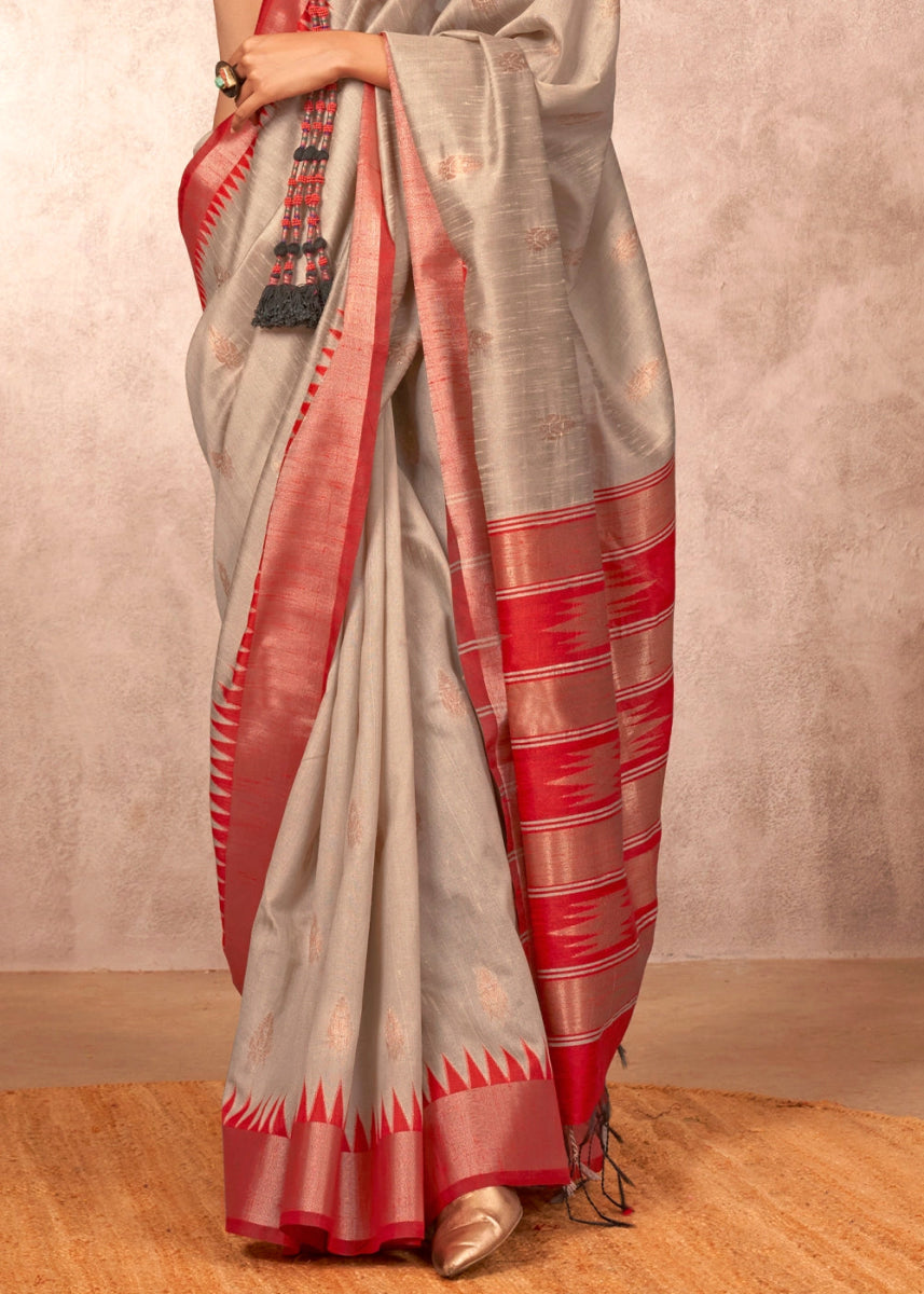 Light Grey Bhagalpuri Silk Saree with Handcrafted Gadwal Border - House of Sarvati LLC