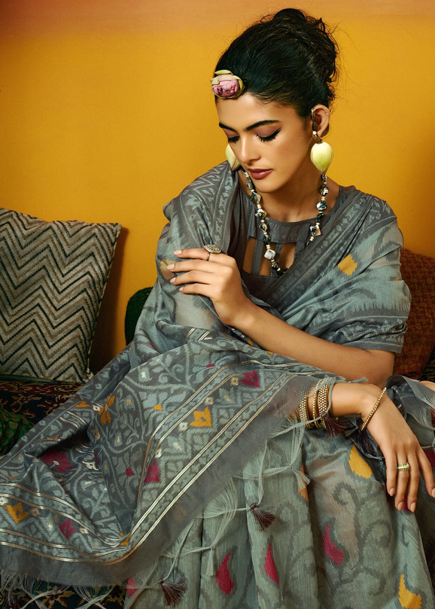 Light Grey Handwoven Spun Cotton Saree with Floral Prints - House of Sarvati LLC