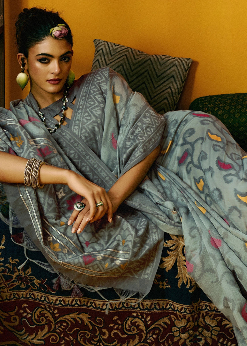 Light Grey Handwoven Spun Cotton Saree with Floral Prints - House of Sarvati LLC