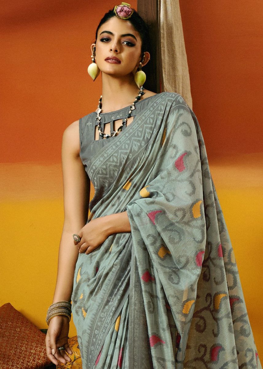 Light Grey Handwoven Spun Cotton Saree with Floral Prints - House of Sarvati LLC