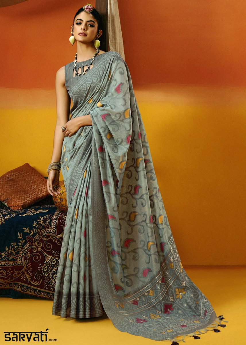 Light Grey Handwoven Spun Cotton Saree with Floral Prints - House of Sarvati LLC
